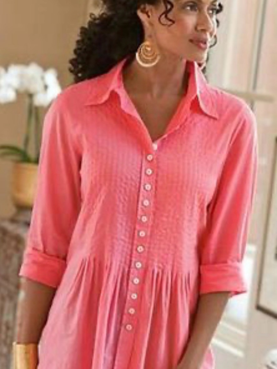 Soft Surroundings Coral Button-Front Tunic With Pintuck Pleats Size Medium